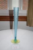 Tiffin Glass Bud Vase Blue w/Yellow Vaseline Base