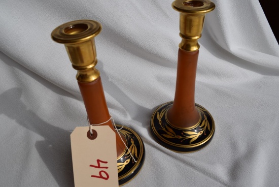 Tiffin Glass Amber Satin trimmed in Gold and Black Candle Sticks Pair*