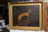 Very Old Large Oil Painting Framed Bob Cat w/Pheasant in mouth *