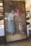 Large Framed Painting, Man, Woman and Dog,  83