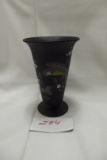Tiffin Glass Black Satin Vase with Painted Parrot with Flowers (Excellent Condition), 8