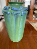 EPHRAIM POTTERY, USA, Green Vase with Blue Dragonflies, Signed Kevin Hicks, 10