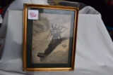 Framed Lithograph Woman on Sled