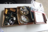 3 boxes - Glass Dishes, Tin of Buttons, Pictures