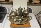 Silver Appearing Coffee/Tea Set with Serving Tray