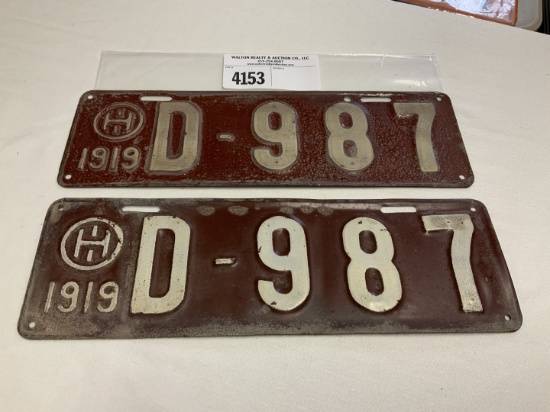 1919 Ohio License Plate #D-987 pair