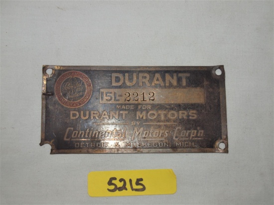 Durant Serial Number Plate