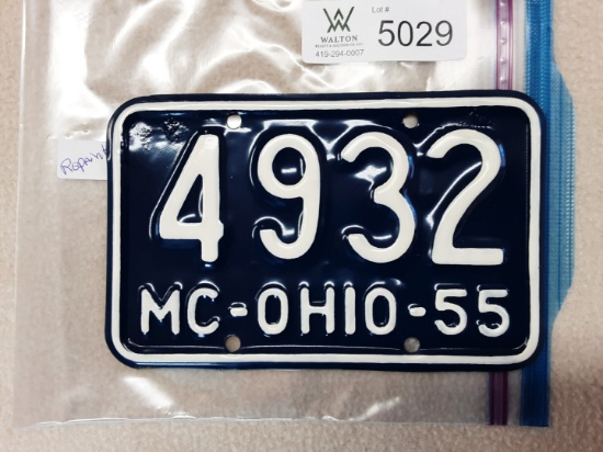 Ohio 1955 Motorcycle Plate (repaint)