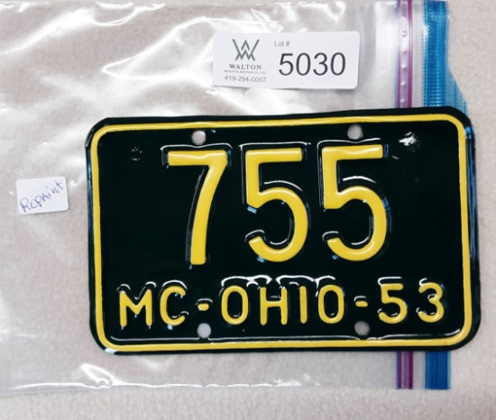 Ohio 1953 Motorcycle Plate (repaint)