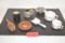 Assorted cups, bowl, candle mold? & porcelain scoop