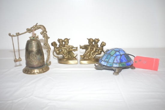 Bookends, Turtle leaded glass light, Chinese inspired bell / gong