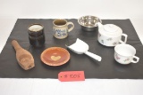 Assorted cups, bowl, candle mold? & porcelain scoop
