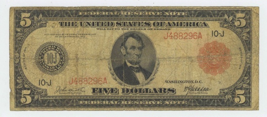 1914 FIVE DOLLAR FEDERAL RESERVE NOTE, RED SEAL