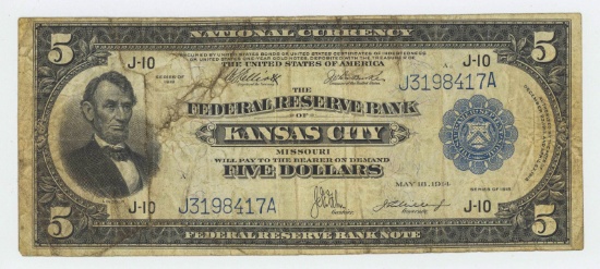 1918 FIVE DOLLAR NATIONAL CURRENCY KANSAS CITY