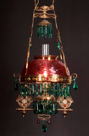 AN EXCEPTIONAL JEWELED BRASS VICTORIAN CHANDELIER