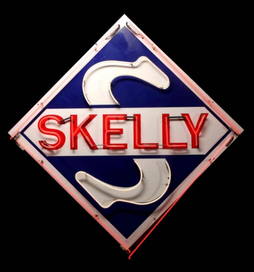 A LARGE PORCELAIN SKELLY SIGN WITH NEON ADDED