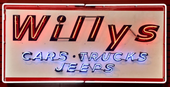 RARE WILLYS CARS TRUCKS JEEPS NEON OVER PORCELAIN