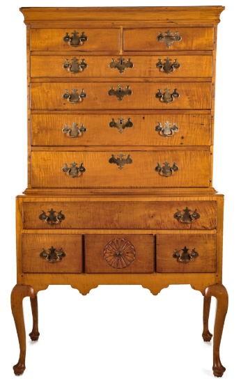 A LATE 19TH CENTURY TIGER MAPLE HIGHBOY - AS FOUND
