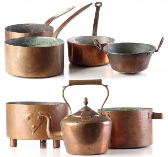 ANTIQUE FRENCH COPPER SAUCEPANS AND KETTLES