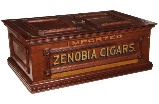 A 19TH C. WALNUT COUNTERTOP HUMIDOR FOR ZENOBIA CIGARS