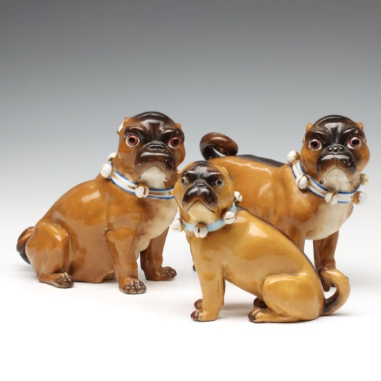 THREE LATE 19TH C. CONTINENTAL PORCELAIN PUG DOGS