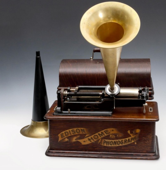 AN EDISON HOME CYLINDER PHONOGRAPH WITH HORNS