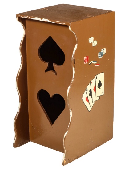 A FOLK ART SLOT MACHINE STAND WITH PLAYING CARD SUITS