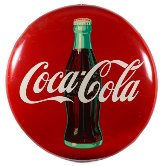 A 36-IN. COCA COLA BUTTON SIGN WITH BOTTLE, CIRCA 1950s