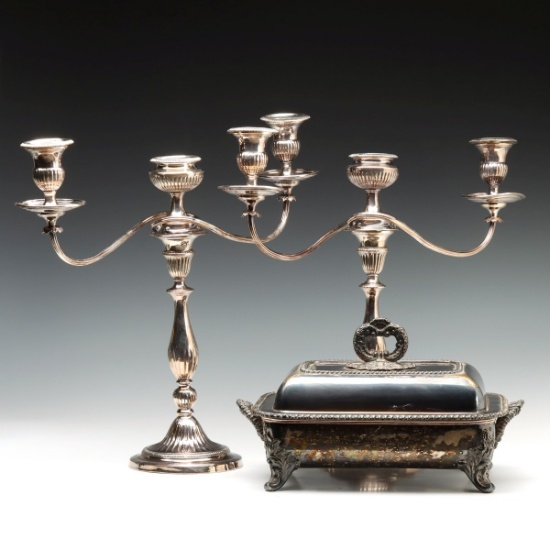 OLD SHEFFIELD PLATE ENTREE DISH AND CANDELABRA