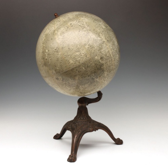 A RAND MCNALLY 12-INCH LUNAR GLOBE ON ANTIQUE IRON BASE