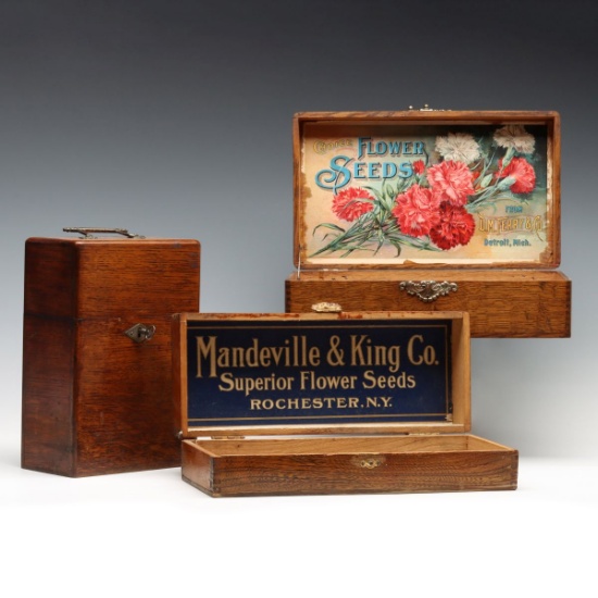 EARLY 20TH C. OAK SEED BOXES WITH COLORFUL LABELS