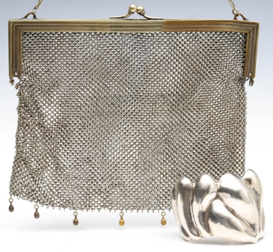 A MEXICAN STERLING CUFF BRACELET AND WHITE METAL PURSE