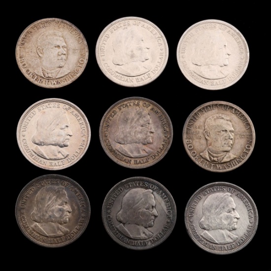 COLUMBUS AND BOOKER T. SILVER HALF DOLLARS, $4.50 FACE
