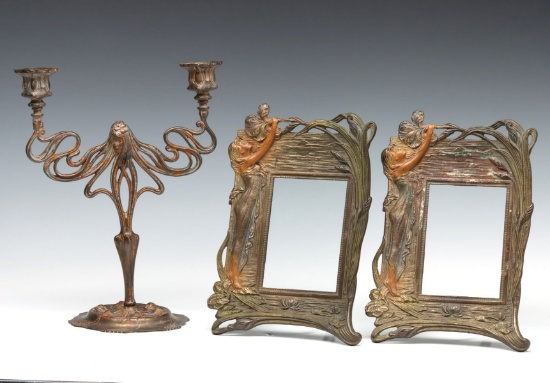 EARLY 20C CAST IRON ART NOUVEAU FRAME AND CANDELABRA