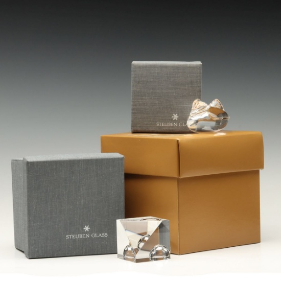 STEUBEN CRYSTAL HAND COOLER AND PAPERWEIGHT W/ BOXES