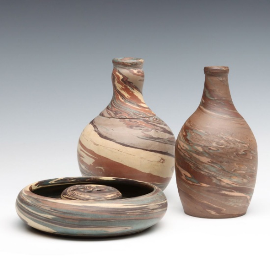 NILOAK MISSIONWARE ART POTTERY DECANTERS, BOWL, BOOK