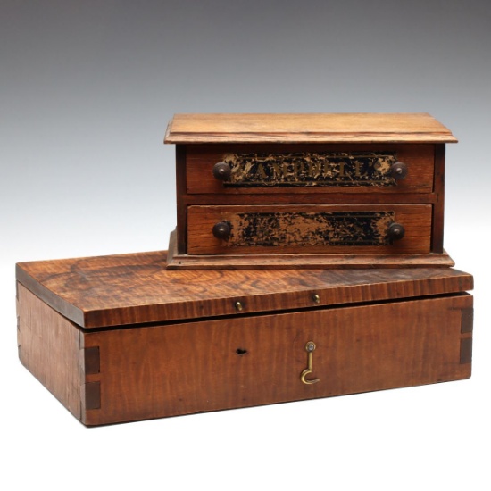 A 19TH C. TIGER MAPLE BOX AND A TWO DRAWER THREAD CASE