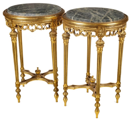 A REPRODUCTION FRENCH STYLE MARBLE TOP STAND PAIR