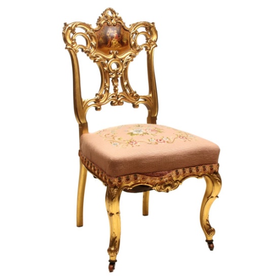 A CARVED AND GILDED VERNIS MARTIN STYLE FRENCH CHAIR
