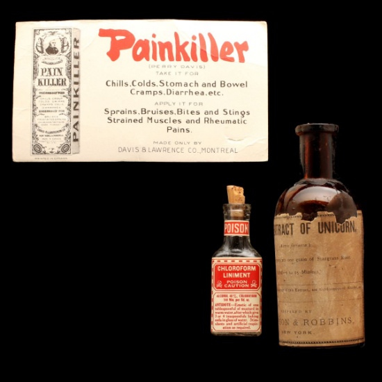 ANTIQUE MEDICINE BOTTLES INCLUDING EXTRACT OF UNICORN
