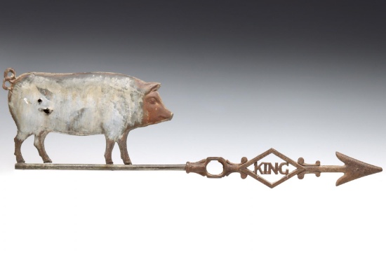 AN UNUSUAL KING WEATHER VANE WITH FIGURAL PIG