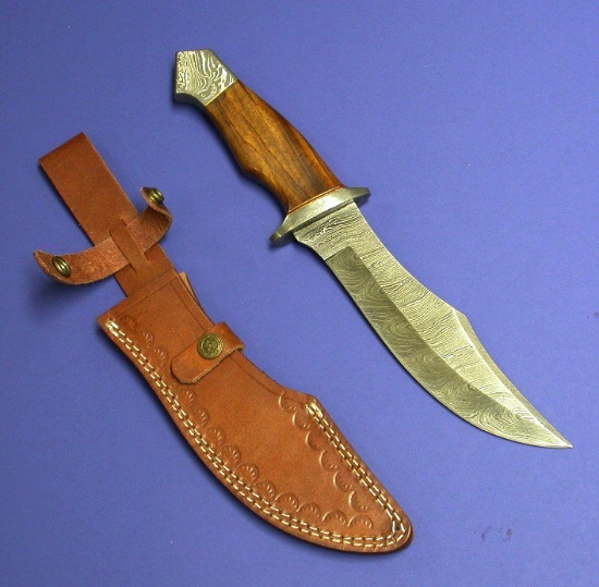 Custom Knifesmith Damascus  Knife with Oklahoma Seal Leather (BWD)