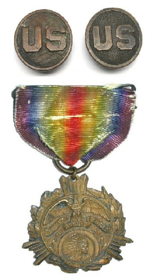US Military WWI Delaware County, IND Victory Medal and "US" Collar Discs (JEK)