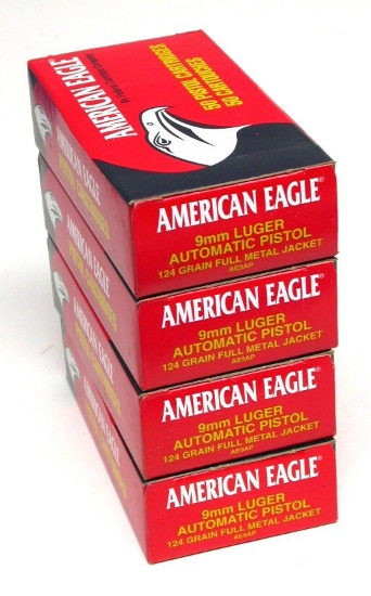 Four 50-Round Boxes of American Eagle 9mm 115 Gr FMJ Ammunition (FHR)