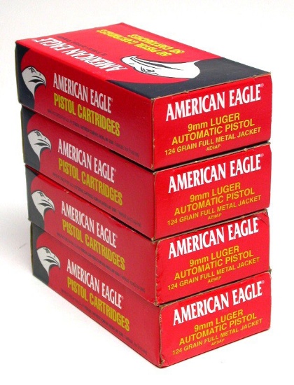 Four 50-Round Boxes of American Eagle 9mm 115 Gr FMJ Ammunition (FHR)