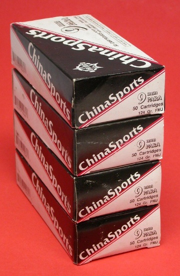 Four 50-Round Boxes of Chinese Norico 9mm 124 Gr FMJ Ammunition (RWP)