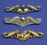 Three US Navy Submarine Dolphin Badges (A)