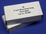 Two 50-Rounds Boxes of Swedish Military Bofors-Production 9mm Browning Long Ammunition (VLR)