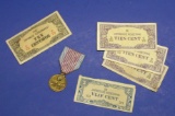 Imperial Japanese WWII 2600 Nat. Anniversary Commemorative Medal & Five Occupation Notes (A)