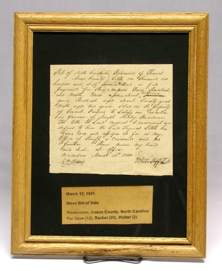 Framed Waynesboro, North Carolina 1841 Slave Purchase Document (SLH)